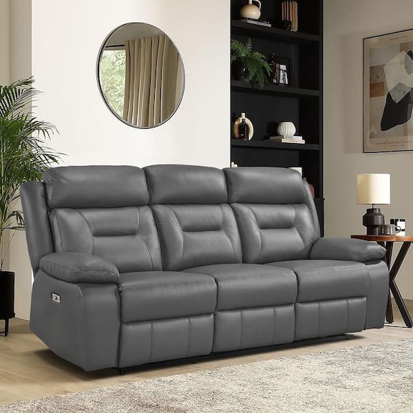 Emillia 87 in. W Pillow Arm Leather Rectangle Power Double Reclining Sofa in Dark Gray