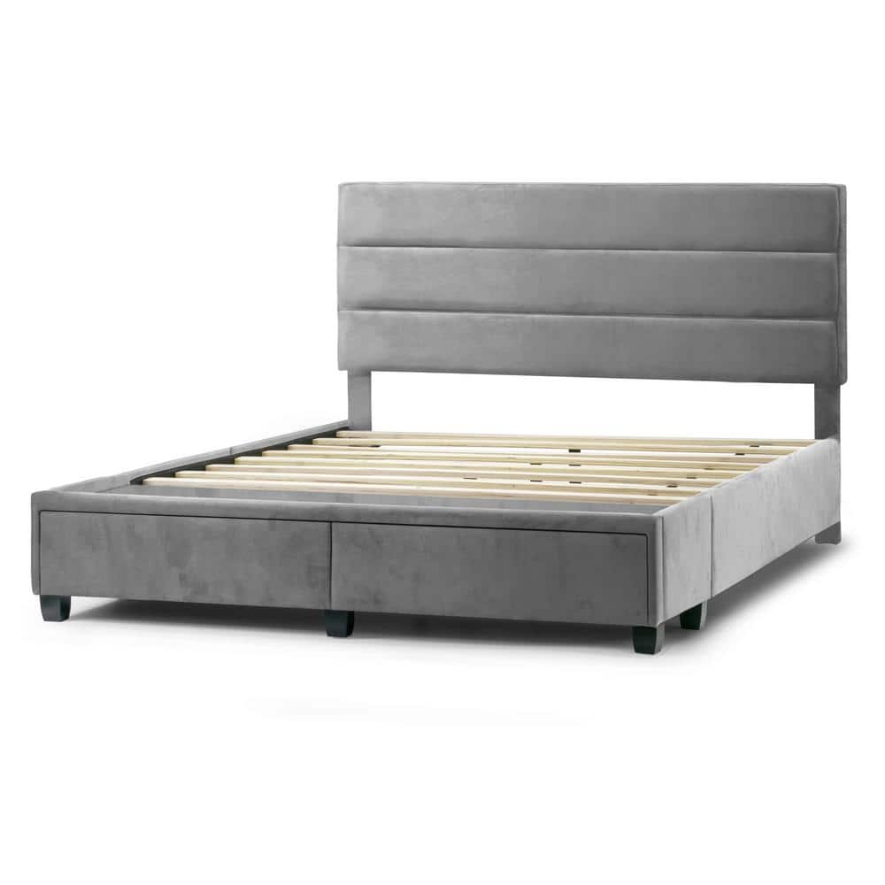 Silver Gray Velvet Upholstered Queen Storage Bed with Tufted Headboard