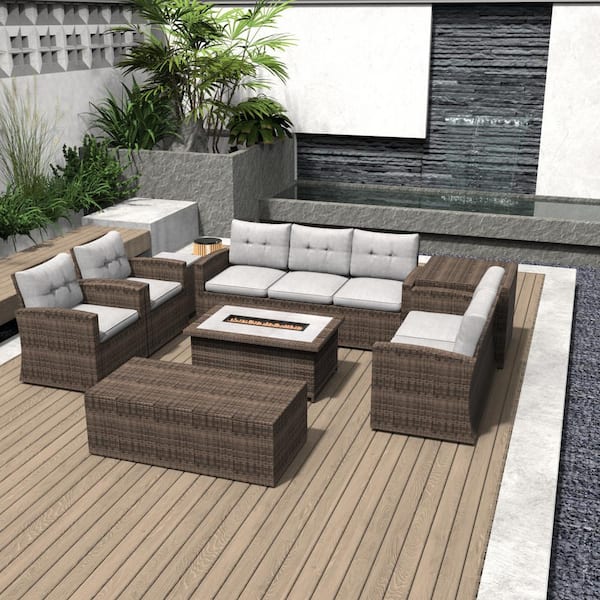 moda furnishings Cary 7-Piece Wicker Patio Conversation Set with Gray Cushions
