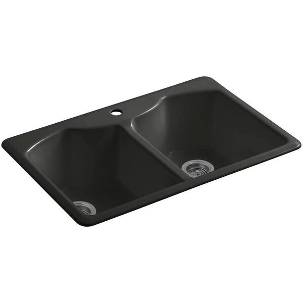 KOHLER Bellegrove Drop-In Cast Iron 33 in. 1-Hole Double Bowl Kitchen Sink in Caviar