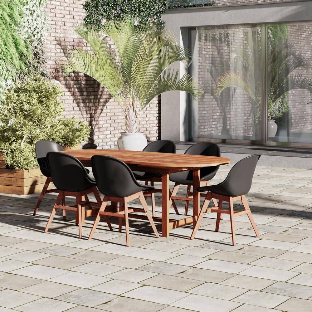 Emi 7-Piece Patio Rectangular Dining Table Set Eucalyptus Wood Set Ideal fo