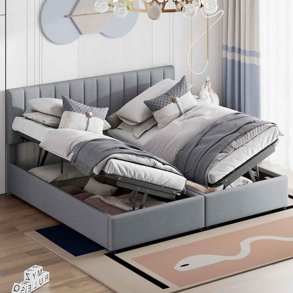 Polibi Gray Wood Frame King Size Platform Bed with a Hydraulic Storage System