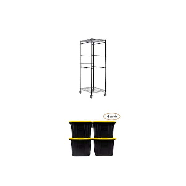 Tote Rack (22 in. W) with Steel Wire Shelf and 27 Gallon Tough Storage Tote with Yellow Lid (4-Pack)