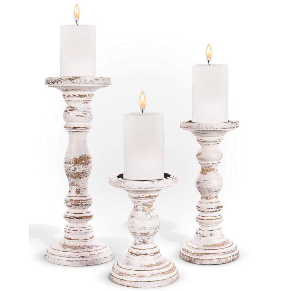 Rustic White Wooden Pillar Candle Holders Set of 3 Farmhouse Decor for ...