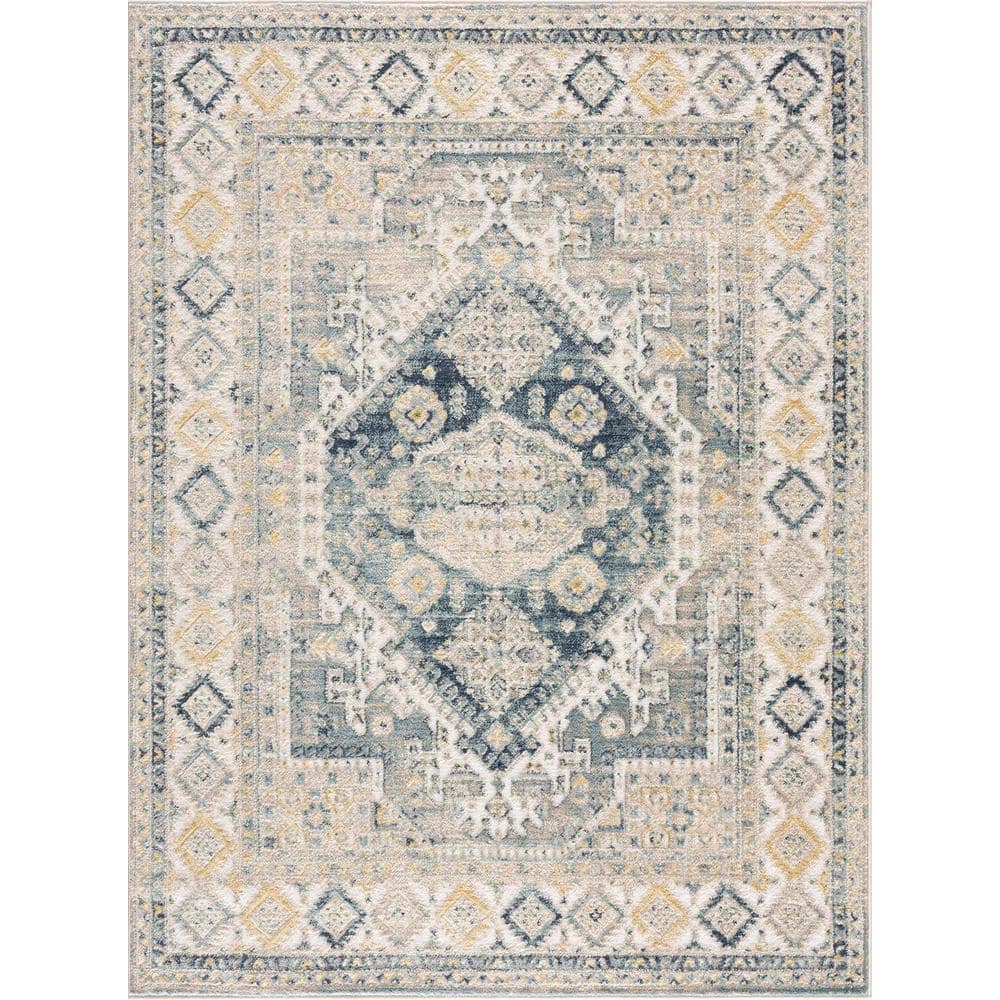 Brend Blue and Beige Medallion Polypropylene Area Rug