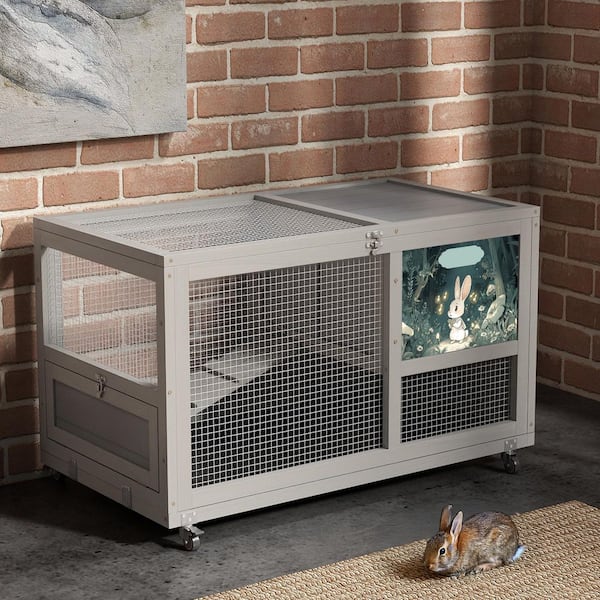 COZIWOW Stable Wood 36Inches Rabbit Hutch Indoor with Wheels Bunny