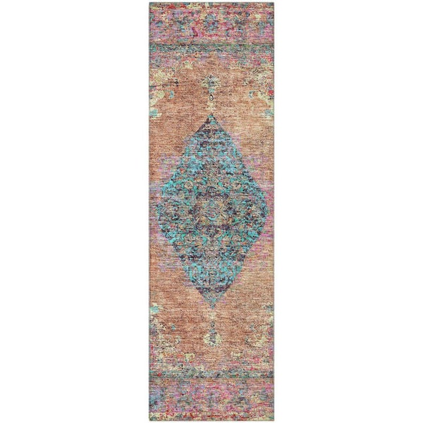 Mayfield Premium Machine Washable Abstract AMF2021 Orange 2 ft. x 7 ft. Runner Rug