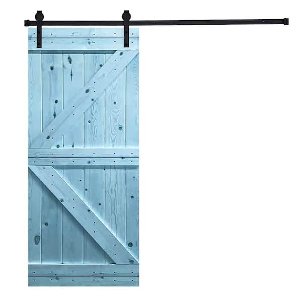 AIOPOP HOME K-Bar Serie 30 in. x 84 in. Slick Blue Knotty Pine Wood DIY Sliding Barn Door with Hardware Kit