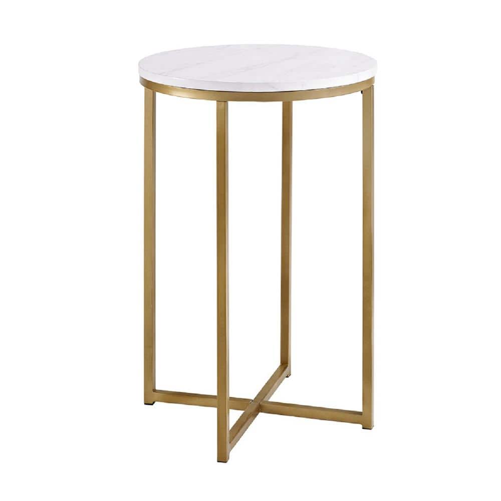 16" White Faux Marble and Gold Round End Table