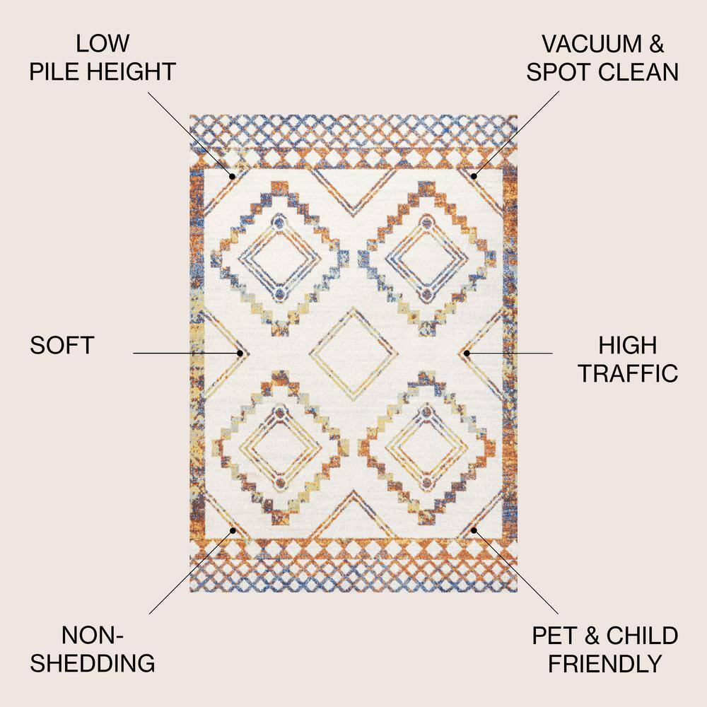 Ivory and Blue Geometric 8' x 10' Synthetic Area Rug