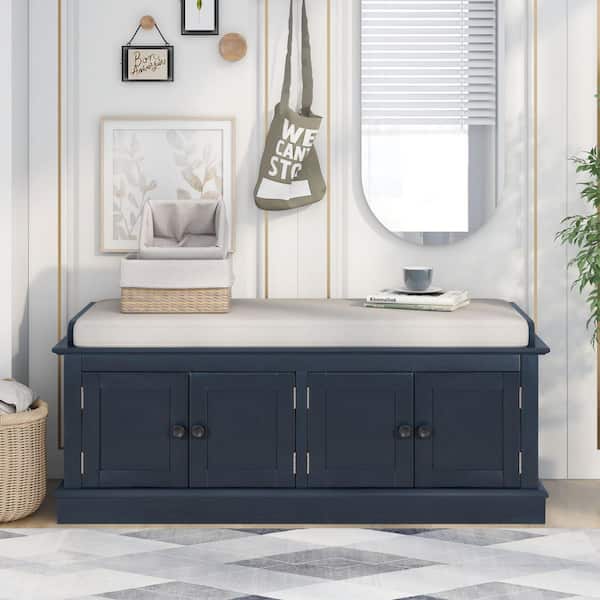 17.4 in. H x 42.7 in. W Navy Blue Solid Wood Shoe Storage Bench with 4-Doors, Adjustable Shelves and Removable Cushion