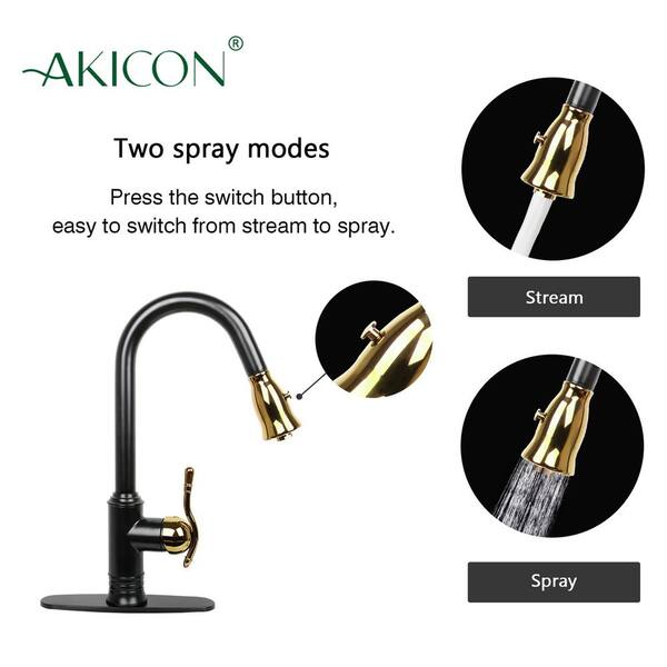 Akicon Two Tone Single Handle Deck Mount Pull Down Sprayer Kitchen 
