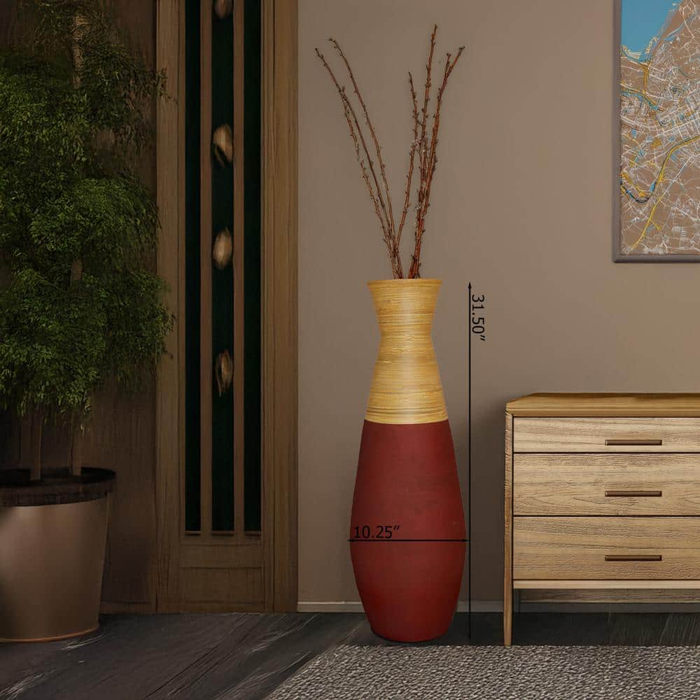 31.5" Burgundy and Natural Polished Bamboo Floor Vase