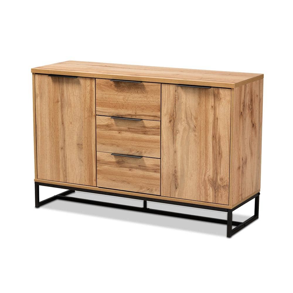 Reid Oak and Black Metal 3-Drawer Sideboard Buffet