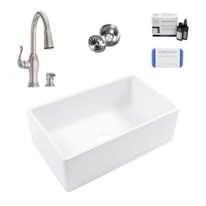 Bradstreet II 30 in. Farmhouse Apron Undermount Single Bowl White Fireclay Kitchen Sink with Maren Stainless Faucet Kit