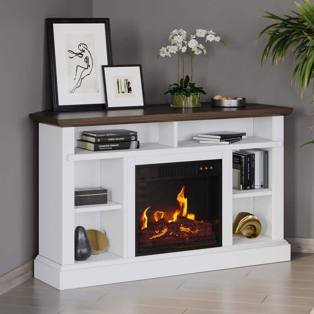 White Corner TV Stand with Electric Fireplace and Storage Cabinet