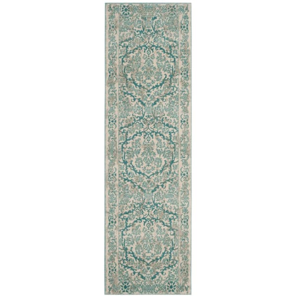 SAFAVIEH Evoke Ivory/Light Blue 2 ft. x 11 ft. Floral Border Antique Runner Rug