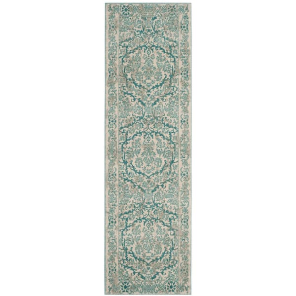 SAFAVIEH Evoke Ivory/Light Blue 2 ft. x 11 ft. Floral Border Antique Runner Rug