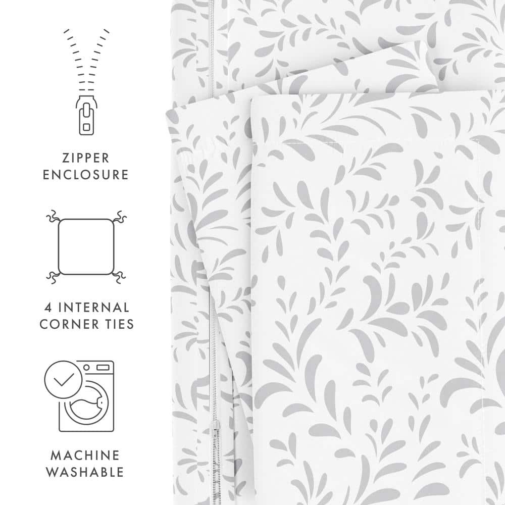 Light Gray Floral Microfiber Queen Duvet Cover Set with Shams