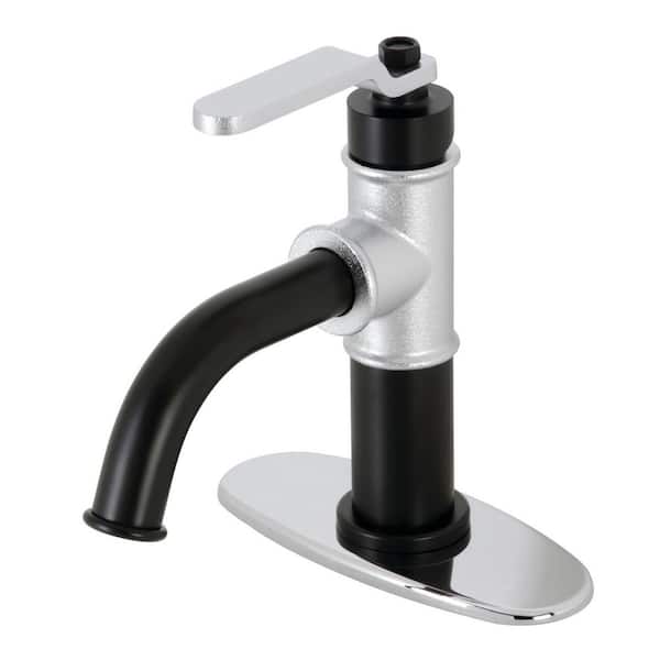 Kingston Brass Whitaker Single-Handle Single-Hole Bathroom Faucet with Push Pop-Up and Deck Plate in Matte Black/Polished Chrome