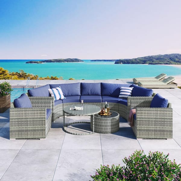 Unbranded Gray 9-Piece Half-Moon Wicker Outdoor Patio Sectional Sofa Set with Blue Cushions and 2 Free Overlapping Tables