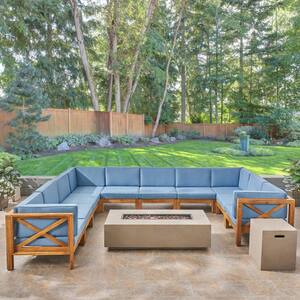 Brava Teak Brown 12-Piece Wood Patio Fire Pit Sectional Seating Set with Blue Cushions