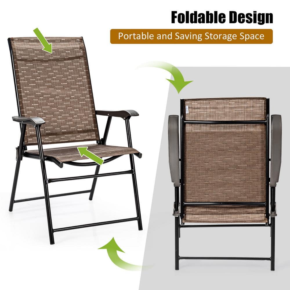 Brown Steel Frame Foldable Patio Dining Chairs with Mesh Seats, Set of 2