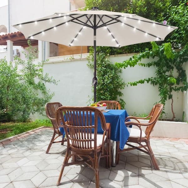 Sonkuki 9 ft. Solar Lighted LED Outdoor Patio Market Table Umbrella in Beige, UV-Resistant Canopy and Tilt Button