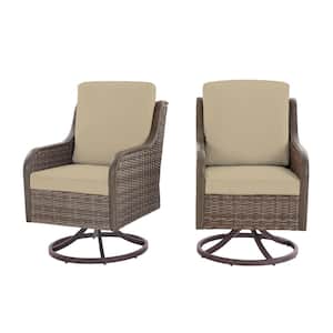 Windsor Brown Wicker Outdoor Patio Swivel Dining Chair with CushionGuard Putty Tan Cushions (2-Pack)