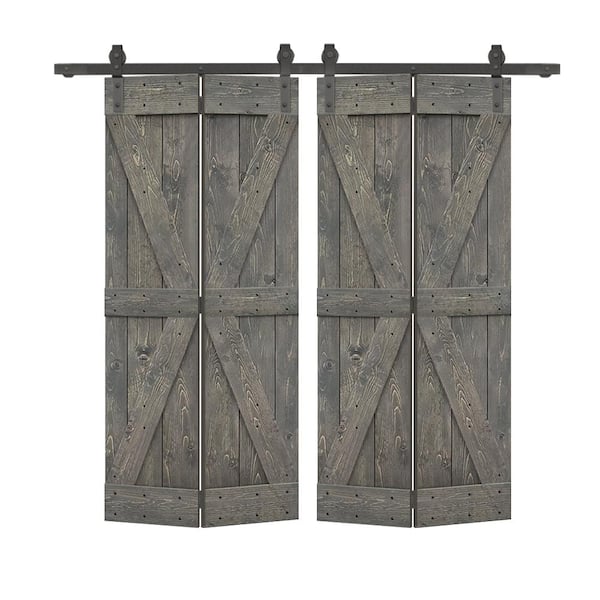 72 in. x 84 in. British K Pre Assembled Solid Core Weather Gray Wood Double Bi-Fold Doors with Sliding Hardware Kit