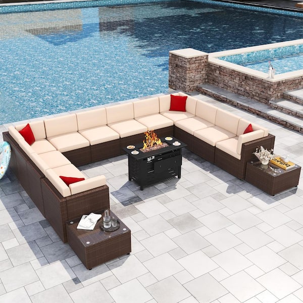 Sizzim 15-Piece Patio Rattan Sectional Conversation Set with 44 in. Metal Fire Pit Table, Brown Cushions and Set Covers