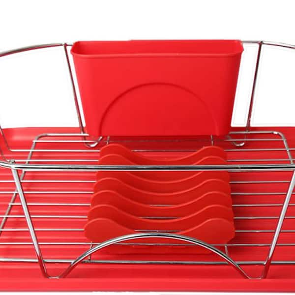 MegaChef 17 inch Red and Silver Dish Rack with Detachable Utensil Holder and A
