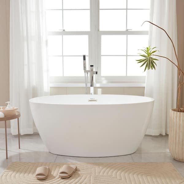 Vanity Art Calais 55 in. L x 32 in. W Acrylic Flatbottom Freestanding Bathtub with Center Drain in White/Brushed Nickel
