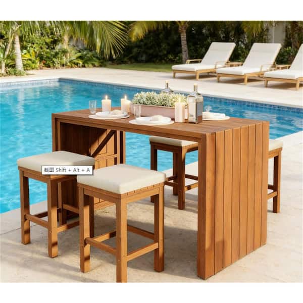 5-Piece Natural Wood Outdoor Serving Bar Set Bar Height Table and Four Stools with Beige Cushions