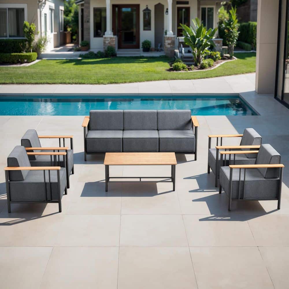 Puffin 6-Piece Black Metal Patio Conversation Set with Sofa, Armchairs, and 10 in. Thick Dark Gray Olefin Cushions price history on PriceWatchPro