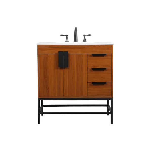 Unbranded Simply Living 32 in. W x 22 in. D x 33.5 in. H Bath Vanity in Teak with Ivory White Engineered Marble Top