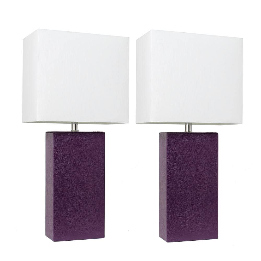 21 in. Modern Eggplant Leather Table Lamps with White Fabric Shades (2-Pack