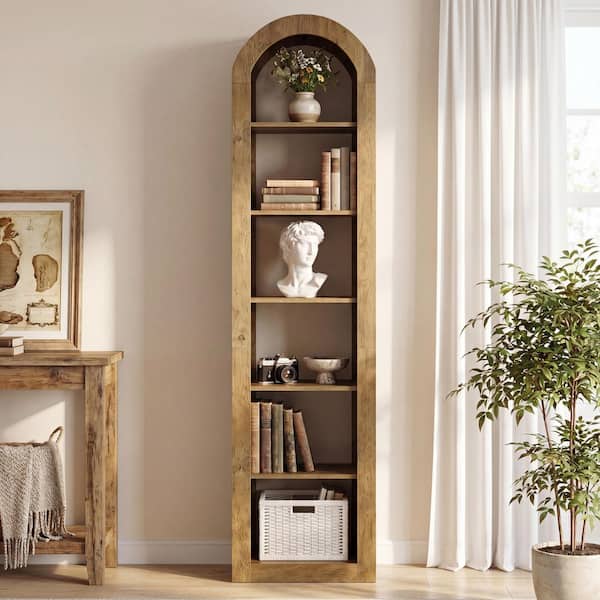 Eulas 74.8 in. Tall Rustic Brown Wood 5-Shelf Arched Standard Bookcase Narrow Long Bookshelf with Open Storage Shelves