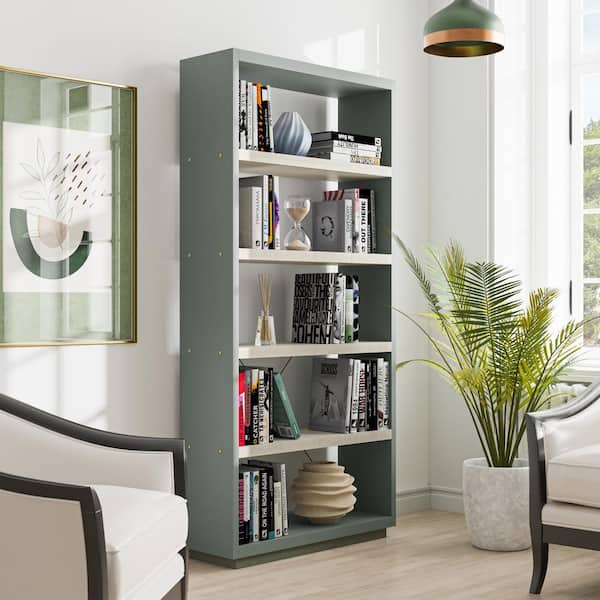 Furniture of America Yaztra 33.5 in. Wide Sage Green and Cream Weave 5 Shelves Standard Bookcase