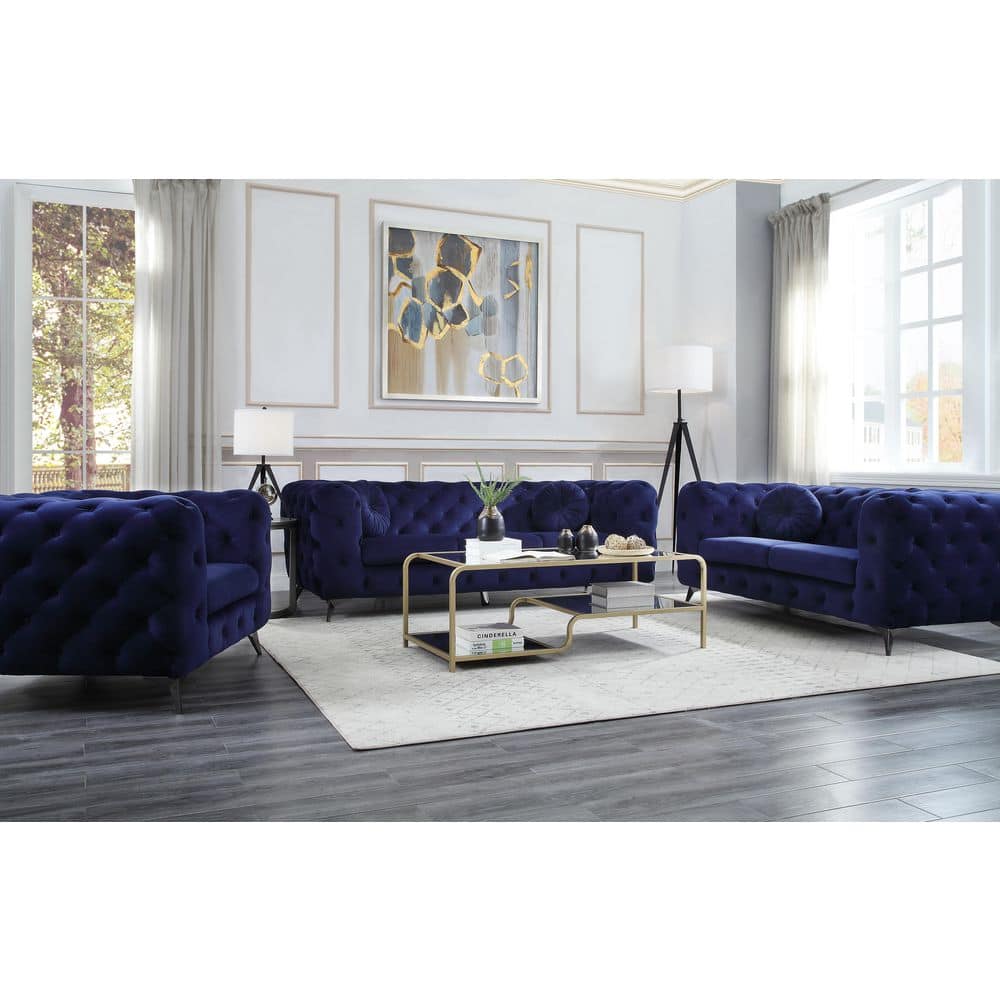 Elegant Blue Velvet Tufted Sofa with Chrome Legs, 86 in