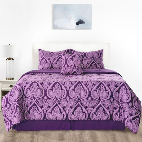 5-Piece Medium Warmth Reversible Paisley Purple Microfiber Queen Bed in a Bag