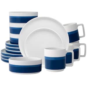 ColorStax Stripe Blue 16-Piece Stax (Blue) Porcelain Dinnerware Set, Service for 4