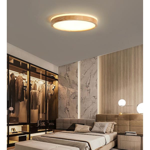 HUOKU Lumin 16 in. Yellow Wood Integrated LED Flush Mount