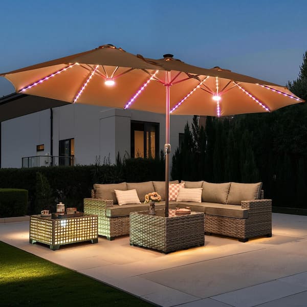 weaxty W Alpine B 15 ft. Solar Colour LED Light Outdoor Double-Sided Market Patio Umbrella, UV Protection with Base in Beige