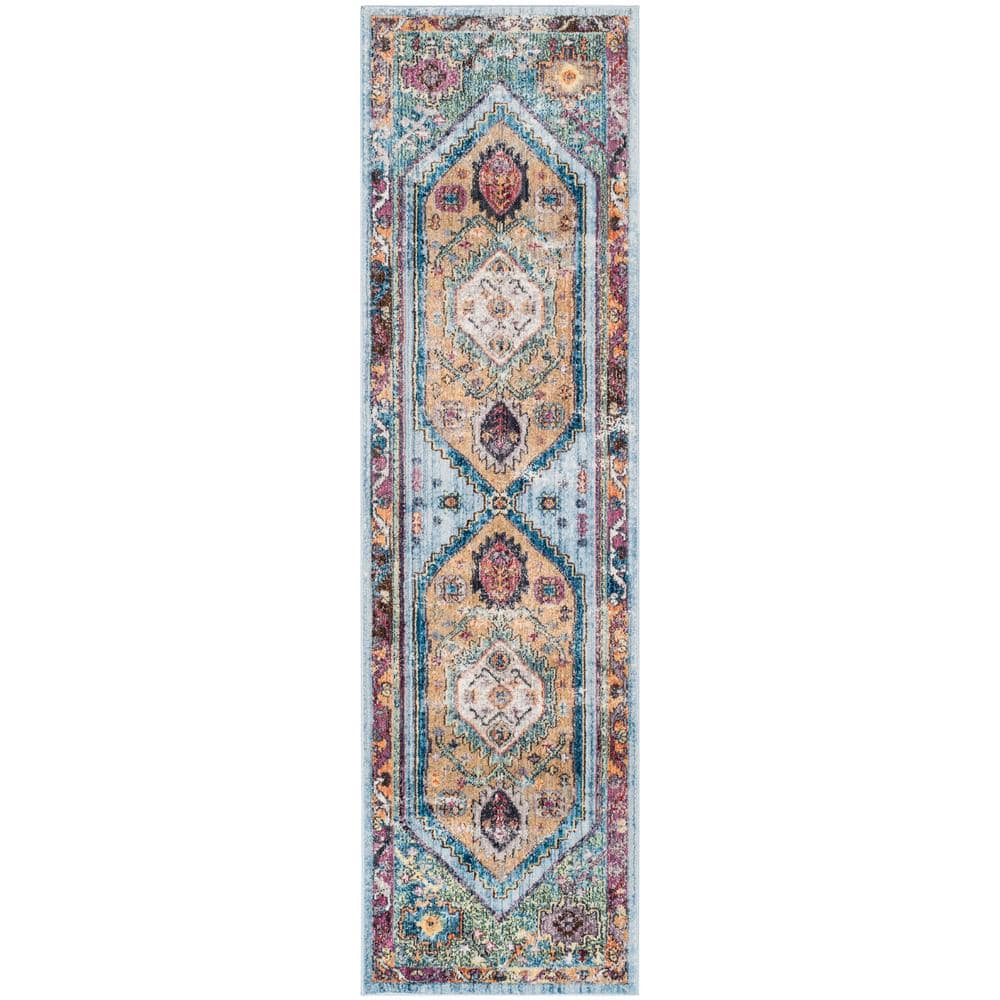 Blue and Camel Distressed Polyester Runner Rug, 2'3" x 6'