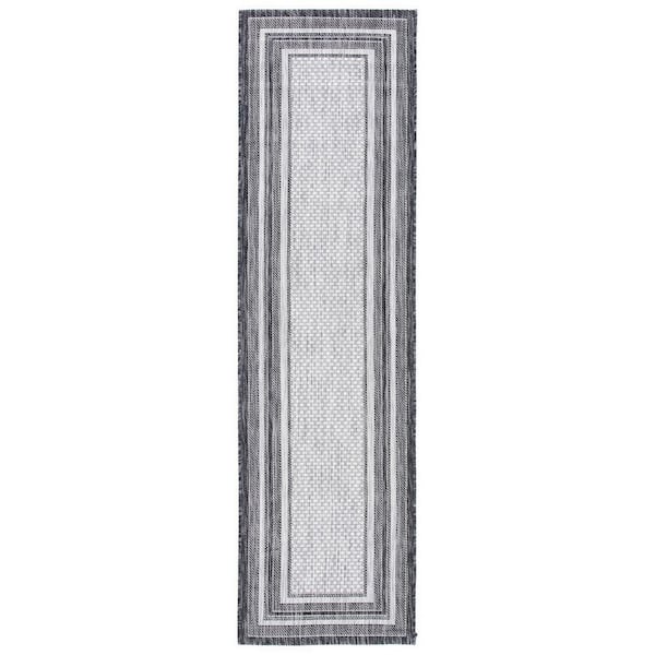 Courtyard Light Gray/Black 2 ft. x 10 ft. Solid Color Striped Indoor/Outdoor Runner Rug