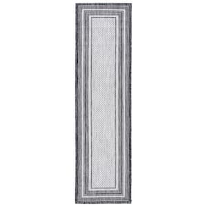 Courtyard Light Gray/Black 2 ft. x 8 ft. Solid Striped Indoor/Outdoor Patio  Runner Rug