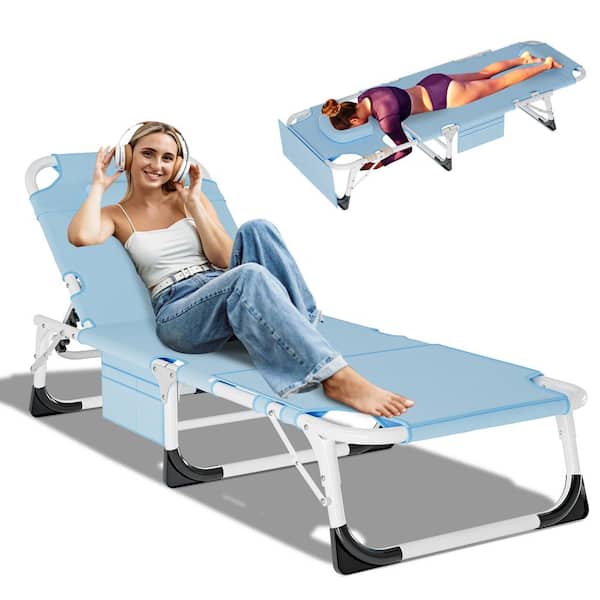 BOZTIY Folding Lounge Chair, 5-Position Adjustable Metal Outdoor Reclining Chair, Folding Chaise Lounge Chair(1-Pack),Sky Blue