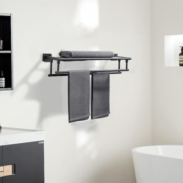 32 in. Bathroom Wall Mounted Double Tier Towel Rack with Double Towel Bar Stainless Steel in Matte Black
