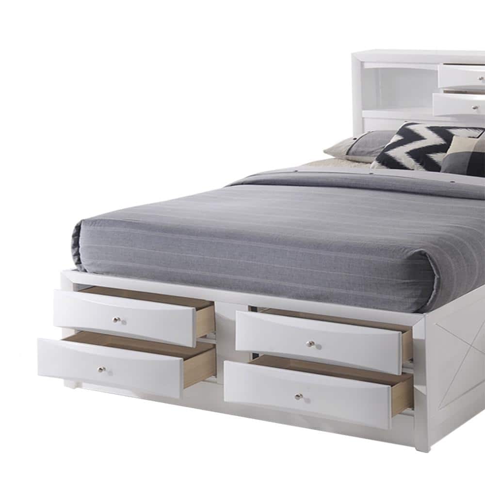 Elegant Full-Size White Wood Frame Storage Bed with Bookcase Headboard
